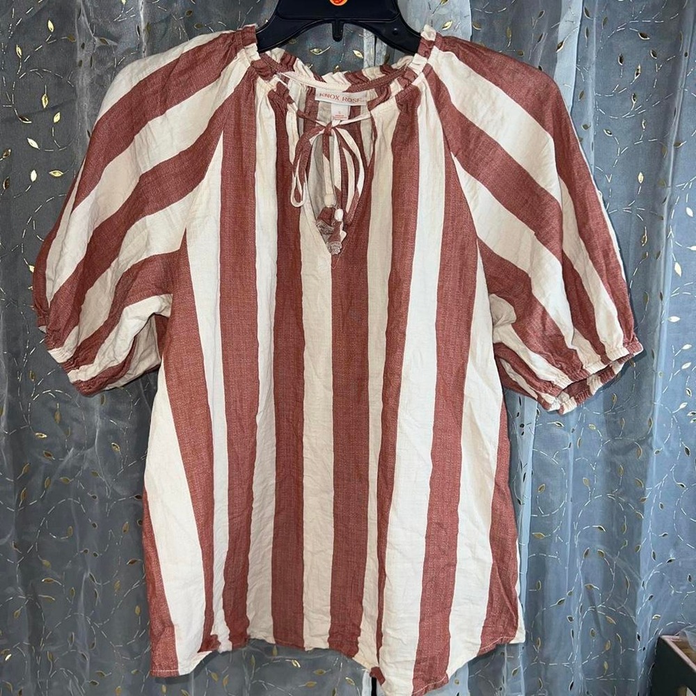 Knox Rose Womens White Red Vertical Striped Puff Sleeve Tie Neck Blouse Size S - Picture 2 of 3